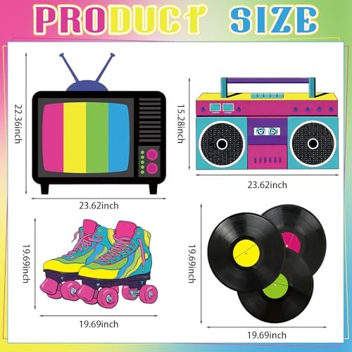 4 Pcs Large 80s Birthday Party Decoration, 23.62 Inch 90s Photo Props, Retro Cardboard Cutout, TV Roller Skates Radio Records Yard Sign for Birthday Supplies Hip Hop Music Theme Accessories - Image 4