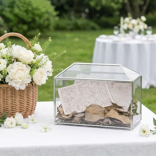 12.6" x 6" x 9" Wedding Glass Card Box with Slot and Lock for Wishing Well, Keepsake, Envelope - Birthday Party Reception Decor, Silver (Glass Box Only) Slot Length 7.3 Inches - Image 7