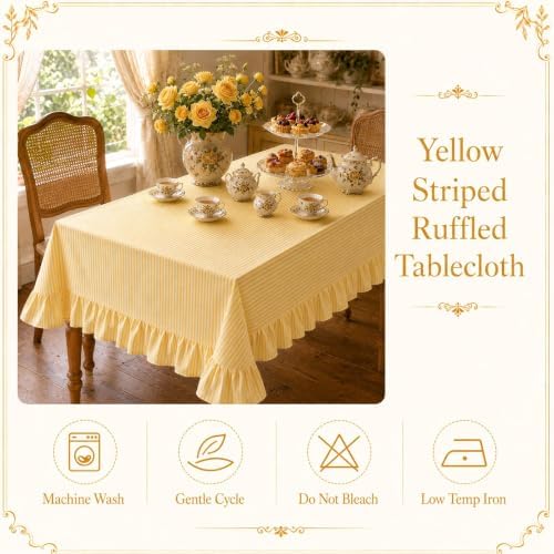 Striped Ruffled Tablecloth 60x120 Inch Cotton Polyester Striped Tablecloth Rectangular Fits 8-10 Seater Table Farmhouse Vintage Table Cover for Home Kitchen Baby Shower Birthday Party Picnic (Yellow) - Image 4