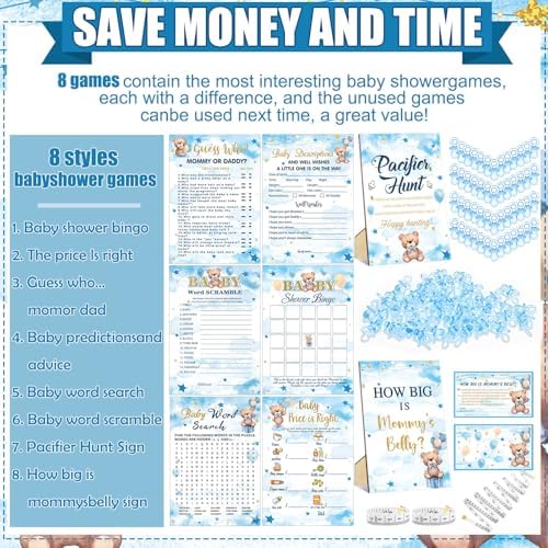 Sherr 424 Pcs Baby Shower Pacifier Hunt Games Blue Bear - Image 4