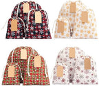12 Pack Reusable Christmas gift bags with 15 gift tags. Gift sacks. Fabric drawstring holiday gift bags in assorted sizes. Xmas bags for presents, parties & stocking stuffers. (CE3) by ERIBAGZ