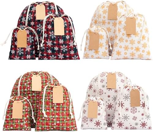 12 Pack Reusable Christmas gift bags with 15 gift tags. Gift sacks. Fabric drawstring holiday gift bags in assorted sizes. Xmas bags for presents, parties & stocking stuffers. (CE3) by ERIBAGZ