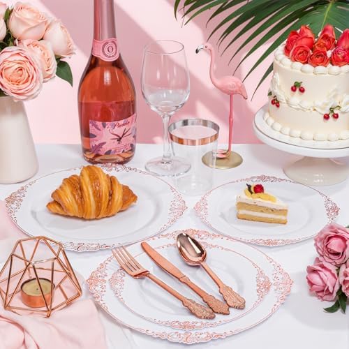 Nervure 700PCS Rose Gold Plastic Plates - Rose Gold Plastic Dinnerware Sets for 100 Guests - 200 White Disposable Plates, 300 Silverware, 100 Cups, 100 Napkins for Wedding & Party - Image 5