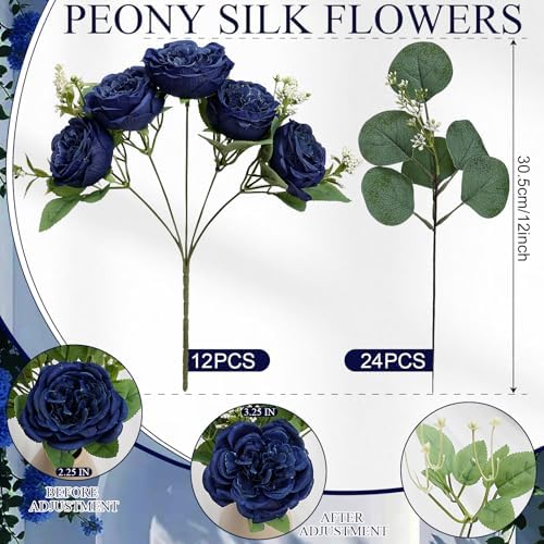12 Bundles Royal Blue Artificial Peonies Silk Flowers Bulk - Image 3