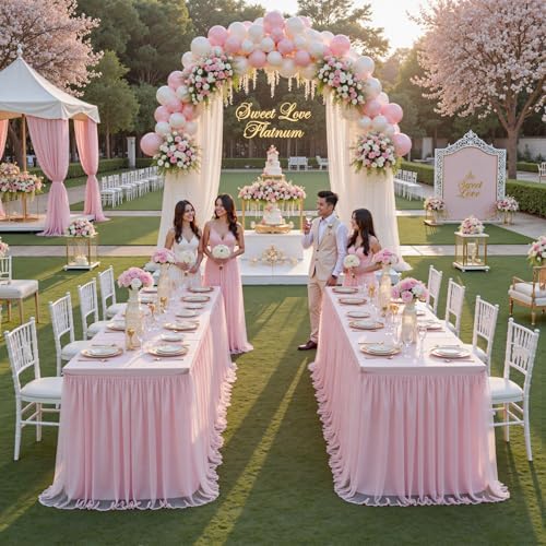 familus Pink Table Cloths 6 Foot Rectangle 4 Pack Stretch Ruffle Tulle Tablecloth Spandex Fitted Table Cover for 6 Foot Tulle Table Skirts for Party Wedding Table Cloths, Banquets - Image 6