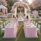 familus Pink Table Cloths 6 Foot Rectangle 6 Panels Stretch Ruffle Tulle Tablecloth Spandex Fitted Table Cover for 6 Foot Tulle Table Skirts for Party Wedding Table Cloths, Banquets - Image 6