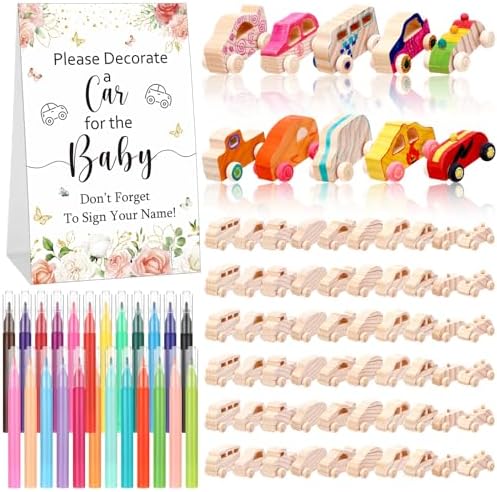 Hiboom 75 Pcs Baby Shower Wood DIY Print Car Set, Pink, Flower by HiboomDecoratingAsseccories