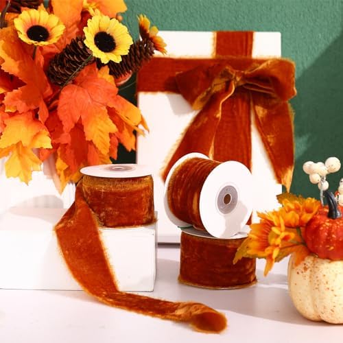 Preboun 4 Rolls Christmas Velvet Ribbon 24 Yards,Burnt Orange,2 Inch - Image 2