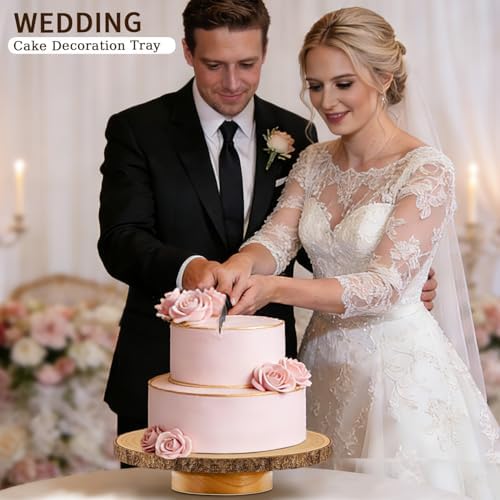 12" Rotating Wood Cake Stand with Cake Cutting Set (Knife and Server) - Rustic Wooden Cake Turntable for Decorating, Party, Wedding, Baby Showers, Reception, Event - Ideal Baking Gift & Decor - Image 3