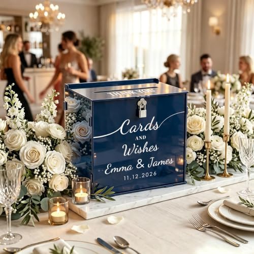 OASF&QPPTY Custom Wedding Card Box with Lock, Elegant Personalized Wedding Card Box for Reception, Graduation, Baby Shower - Secure PVC Money Box for Cards and Well Wishes, Elegant Party Table Decor - Image 2
