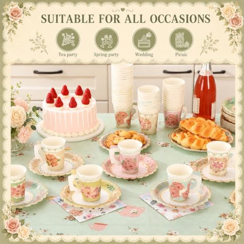 Yungyan 97 Pcs 24 Set Floral Tea Party Supplies, Tea Party Plates and Napkins Set with Tablecloth, Disposable Handle Teacups and Saucers for Birthday Wedding Bridal Shower Decorations(Classic Style) - Image 6