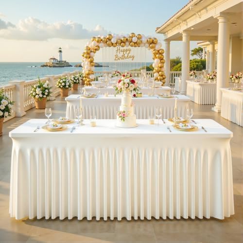 Ivory Spandex Tablecloths for Rectangle Tables 8 Foot Ivory Stretch Table Cloth Rectangle 8ft Elastic Fitted Table Cover with Skirt for Wedding Birthday Party Banquet Baby Shower Buffet Event - Image 4