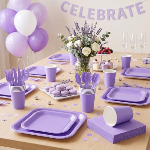 Vyntra 350 Pcs Lavender Square Paper Plates and Napkins Set, Serves 50 - Image 6