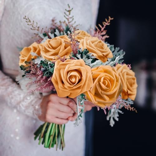 100 Pcs Artificial Foam Rose Flower Faux Bouquet Wedding Fake Rose Gift for Mother's Day Women DIY Bridal Shower Party Table Birthday Home Spring Decor (Gold) - Image 5