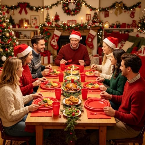 250Pcs Red Plastic Party Plates and Napkins Set for Birthday, Christmas - Image 6
