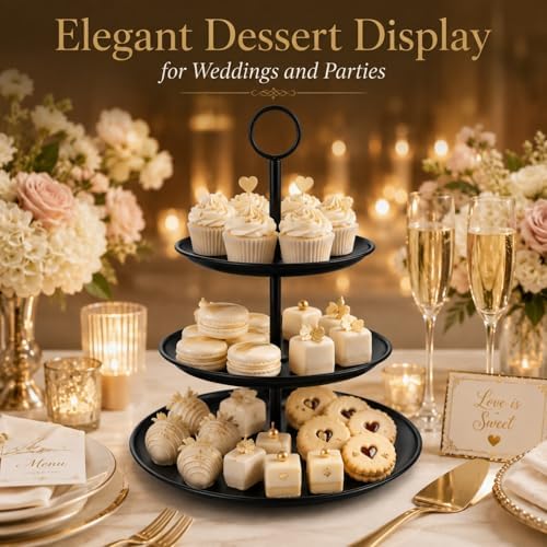 YOUNTHYE Black Cupcake Stand 3 Tier, Stainless Steel Tiered Dessert Stand for Wedding, Birthday, Tea Party, Holiday Dessert Table, Serving Tray for Cupcakes, Cookies, Macarons and Fruit - Image 7