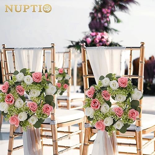 NUPTIO Artificial Flowers Candle Rings - 6 Pcs 14 inch Diam Large Pink & White Fake Roses Wreath Wedding Centerpieces for Tables Spring Summer Wreath for Front Door Weddings Party Ceremony Decor - Image 3