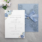 20Pcs Personalized Wedding Invitation, Customized Dusty Blue Laser Cut Invitation Cards With Envelopes Rhinestone Pearls and Ribbons For Wedding XV Anos Quinceanera Invitation by FEIYI