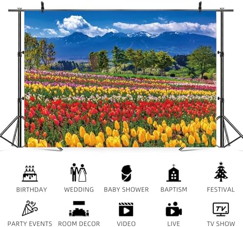 10x5ft Spring Backdrop Flower Field Green Tree Photography Background Blue Sky White Cloud Mountain Nature Scenery Bridal Shower Wedding Banner Decorations Birthday Portrait Photo Booth Prop - Image 5