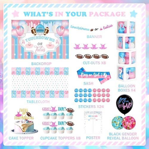 172 PCs Touchdowns or Tutus Gender Reveal Decorations, Hombae Boy or Girl Gender Reveal Decorations Backdrop Balloon Garland Banner Tablecloth Cake Cupcake Topper Boxes Cutout Poster Sash Pink Blue - Image 2