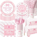 Ceenna 452 Pcs 50 Guests Pink Bow Baby Shower Decoration Girl, Pink Bow Welcome Baby Shower Plate Napkin Cup Tablecloth Cutlery Straw It's a Girl Disposable Tableware for Gender Reveal Party Supply by Ceenna