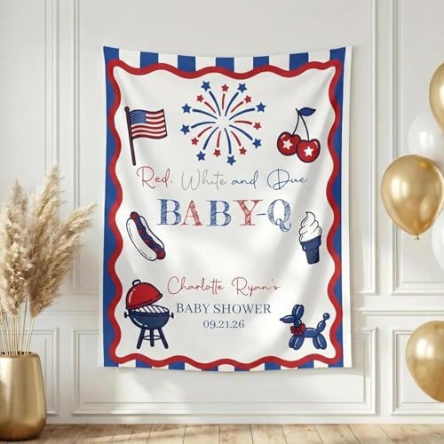 Personalized Baby Q Baby Shower Banner, Custom Red White Blue Welcome Backdrop, Patriotic BBQ Party Decor, American Tapestry Sign, Photo Booth Decoration for Gender Reveal or Birth Celebration by Unknown