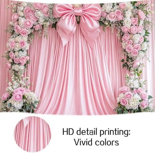 12x10ft Pink Bow Backdrop Floral Coquette Flowers Photography Background for Girls Women Birthday Party Decorations Wedding Bridal Backdrops Banner Photo Booth Props - Image 6