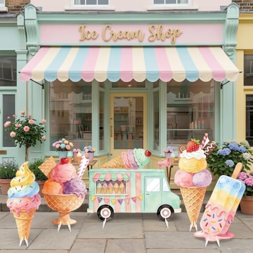 5 PCS 20" Ice Cream Cardboard Cutouts for Birthday Party Decorations, Large Sweet Theme Outdoor Yard Signs, Ice Cream Truck & Cone Standee for Candy Land Party Photo Booth Props Backdrop - Image 5