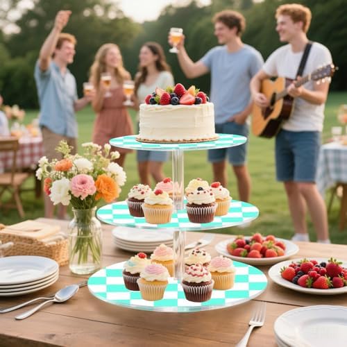 J JOYSAY Chess Checkerboard Neon Light Blue White Print Acrylic Cupcake Stand 3 Tier Dessert Table Display Set Clear Cake Stands for Party Wedding Baby Shower Decorations Easy Assembly Macaron Tower - Image 6