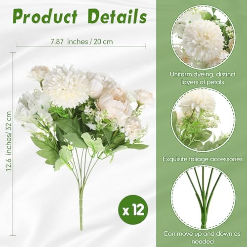 Tigeen 24 Bundles Artificial Flowers Bouquet Silk Peonies, White - Image 2