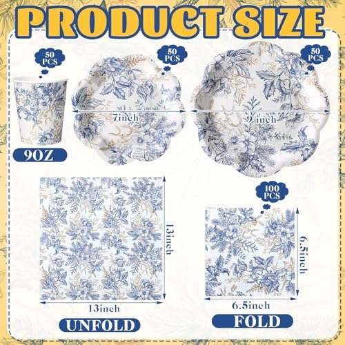 Newtay 250 Pcs Blue Gold Floral Disposable Paper Plate Napkins - Image 2