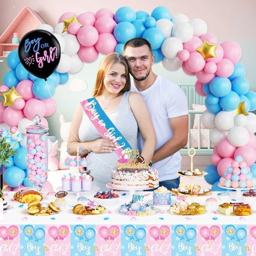 172 PCs Touchdowns or Tutus Gender Reveal Decorations, Hombae Boy or Girl Gender Reveal Decorations Backdrop Balloon Garland Banner Tablecloth Cake Cupcake Topper Boxes Cutout Poster Sash Pink Blue - Image 5