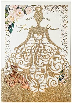 5.12 x7.28 inch 50PCS Gold Glitter Quinceanera Invitations Kit Laser Cut Hollow Girl Princess Pocket with Envelopes Invitations for Quinceanera Bridal Shower Invite by KUCHYNEE