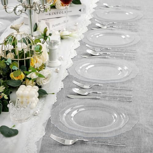 Liacere 150PCS Clear Silver Plastic Plates & Disposable Silver Plastic Silverware with Glitter Bamboo Handle Cutlery-Baroque Clear Disposable Plates for Wedding & Party & Summer - Image 2