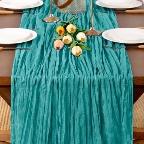 Teal Cheesecloth Table Runner Boho Wrinkled Gauze Table Runners - Image 2