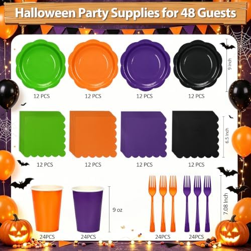 192Pcs Purple Balck Orange Plates and Napkins Party Supplies, Disposable 9’’ Scalloped Halloween Paper Plates Cups Napkins Forks Party Decorations for Birthday, Thanksgiving, Serves 483 - Image 2