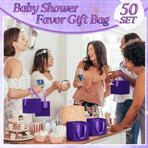 Windyun 50 Pcs Mini Paper Gift Bags with Handle 6 x 6 x 6'' Square Small Favor Bag with DIY Thank You Tag for Christmas Birthday Wedding Bridal Shower Bridesmaid Graduation Party (Purple) - Image 5