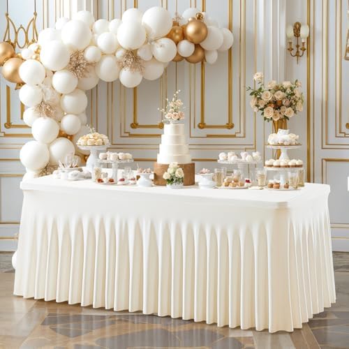 4 Pack Ivory Table Cloth for 6 Foot Rectangle Tables Spandex Fitted Tablecloth 6ft Stretch Table Covers Skirt Ivory Banquet Tablecloths Wrinkle Free Tablecloth for Party Wedding Birthday Event - Image 4