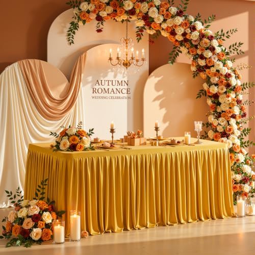 Wish Care Gold Polyester Table Clothes for 4 Foot Rectangle Tables, Wrinkle Free Fitted Table Cover with Pleated Ruffle Table Skirt for Birthday Party Wedding Trade Show Event Display - Image 7