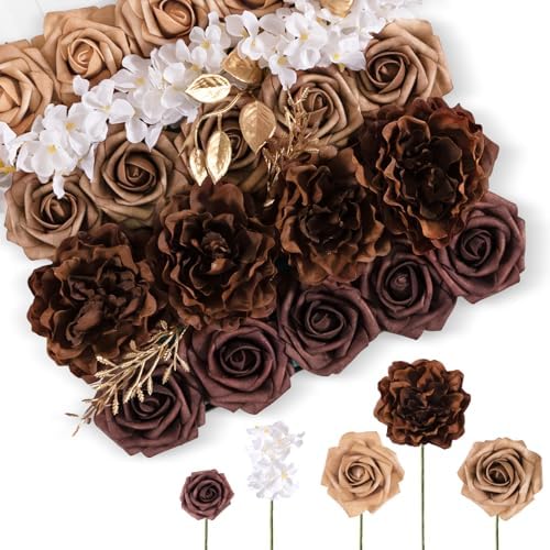 TINGE TIME 25pcs Artificial Wedding Flower Combo, Rose Peony Mocha Brown by TINGETIME