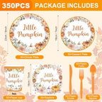 350 Pcs Little Pumpkin Baby Shower Decorations, Tableware Set for 50 Guests Including Pumpkin Plates, Napkins, Cups, Knives, Forks & Spoon for A Little Pumpkin is On The Way Baby Shower, Birthday - Image 2