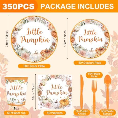 350 Pcs Little Pumpkin Baby Shower Decorations, Tableware Set for 50 Guests Including Pumpkin Plates, Napkins, Cups, Knives, Forks & Spoon for A Little Pumpkin is On The Way Baby Shower, Birthday - Image 2