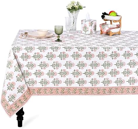 Ridhi Mughal Buta Peach Hand Block Print Cotton Tablecloth 90 x 60 Inch by Ridhi