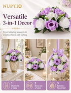 NUPTIO Flower Wedding Centrepieces for Tables - 10 Pcs 9.5in Diameter Lilac & White Artificial Flowers Rose Ball for Centerpieces Table - Fake Rose Arrangements for Weddings Birthday Party Decor - Image 3