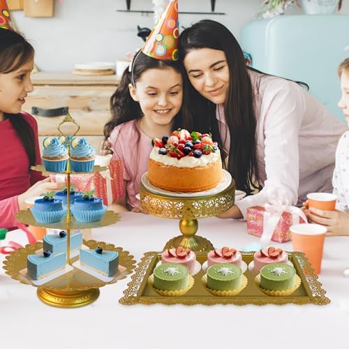 5 Pcs Gold Metal Cake Stand Sets for Birthday, Cakes and Cupcakes Stand for Wedding, Golden Dessert Table Display Set for Party, Desserts Stand with Gold Trays for Candy Bar Baby Shower - Image 2