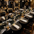 350 Pieces Black and Gold Plastic Plates with Disposable Silverware, Include 50 Dinner Plates 9”, 50 Dessert Plates 6.3”, 50 Black Cups 9 OZ, 50 Pre Rolled Napkins for New Year (Pack of 2) - Image 2