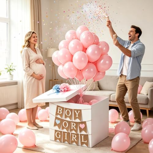 Faelhacon 28”Giant Gender Reveal Gift Box with Lid Banner 40 Pcs Blue Balloons and Ribbons Sturdy Cardboard Easy Assembly Boy Or Girl Reveal Party Decor DIY Foldable Storage(Pink) by Unknown
