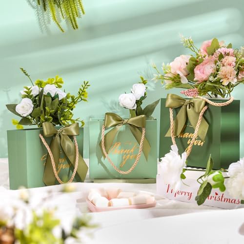 Whaline 60Pcs Thank You Paper Gift Bags with Bow Gradient Sage Green Party Favor Bags with Handles for Wedding Bridal Baby Shower Birthday Party - Image 5