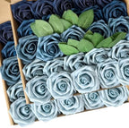 50pcs Dusty Blue Foam Fake Roses with Stems Navy Light Blue Artificial Flowers Real Looking for DIY Wedding Bouquets Bridal Shower Centerpieces Floral Arrangements Party Tables Home Decor Bulk by LCiclly