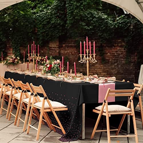 16Pack Disposable Plastic Tablecloths and Satin Table Runner Set Black and Rose Gold Dot Tablecloth Gold Satin Table Runner for Wedding Birthday Baby Shower Anniversary Christmas New Year Party Supply - Image 7